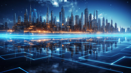 Futuristic city with glowing lines on the background. 3d renderingの素材
