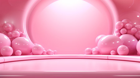 Abstract background with pink balloons and podium. 3d render illustration.の素材