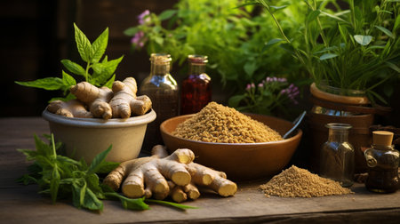 Herbs and spices on wooden table. Herbs and spices.の素材