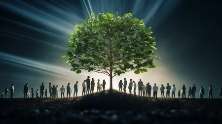 Silhouettes of people around a big tree. 3d renderingの素材