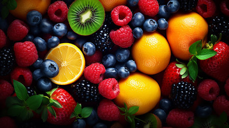 Composition of fresh fruits and berries. Food background. Top view.の素材