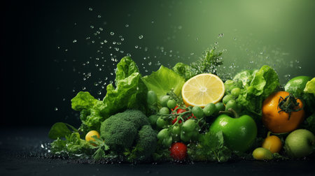 Fresh vegetables and fruits with water splash on black background. Healthy food concept.の素材