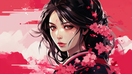 Illustration of a Japanese geisha with cherry blossom background.の素材