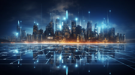 Abstract digital city with glowing lights on dark background. 3D Renderingの素材