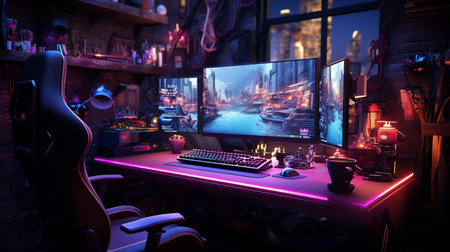 3d rendering of a gaming room with pc and gaming equipment.の素材