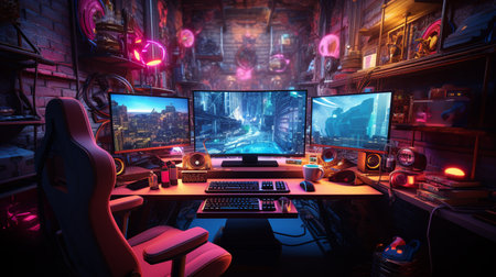 Futuristic gaming room with a lot of gaming equipment. 3d renderingの素材