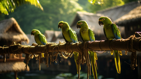 Group of green parrots sitting on a tree branch in the gardenの素材