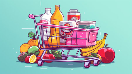 Cartoon vector illustration of shopping cart full of food and drinks.の素材