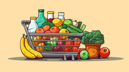 Cartoon vector illustration of shopping cart full of healthy food and products.の素材