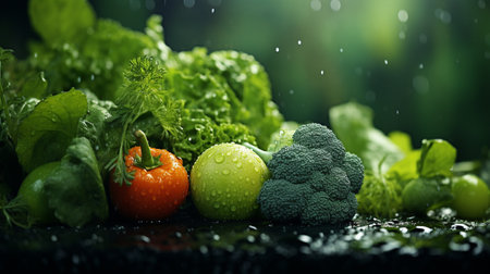 Healthy food background. Fresh vegetables with drops of water on black backgroundの素材