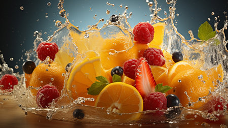 Fruit splashing in water on a dark background. 3d renderingの素材