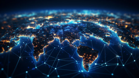 Global network connection over world map. Globalization concept. 3D Renderingの素材