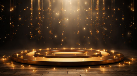 Abstract round podium illuminated with spotlight. Award ceremony concept. Stage backdrop.の素材