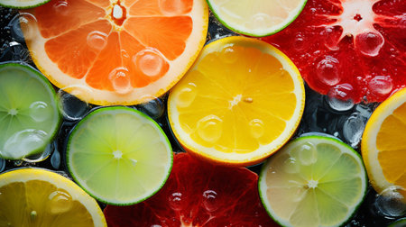 Slices of citrus fruit in water, close up view.の素材