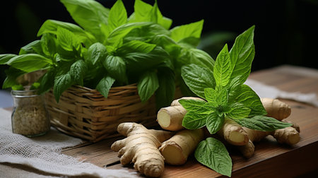 Fresh basil and ginger on wooden table, closeup. Healthy foodの素材
