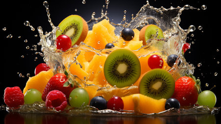 Fruit salad with water splash on black background. Fresh fruits.の素材