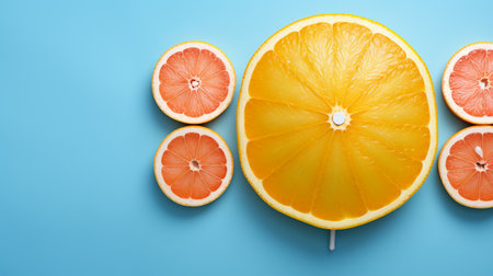 Slices of different citrus fruit on blue background, top viewの素材