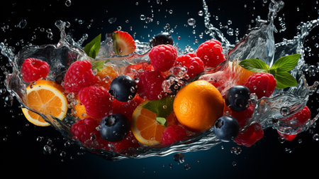 Fruit splashing into water on black background, close-upの素材