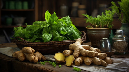 Fresh herbs and spices on wooden table in rustic kitchen, selective focusの素材