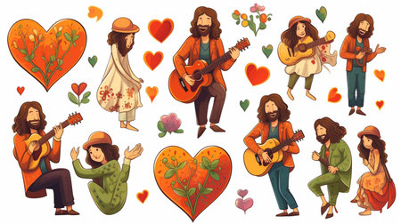 Set of cartoon vector illustrations of hippies and musicians in love.の素材