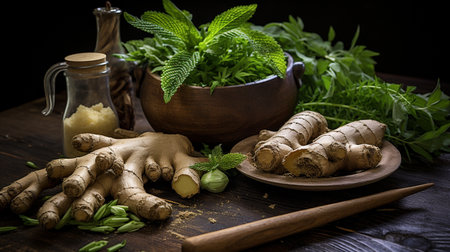 Fresh herbs and spices on wooden table. Herbal medicine concept.の素材