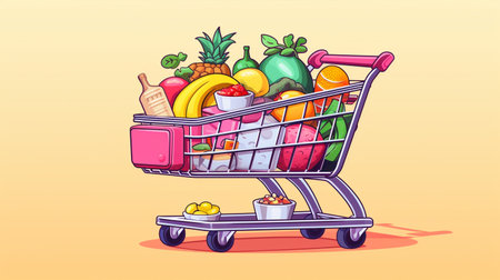 Cartoon vector illustration of shopping cart full of fruits and vegetables.の素材