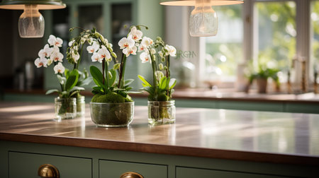 Interior of a modern kitchen with countertop and flowers in potsの素材