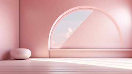 3d render of empty room with round window and pink wall.の素材