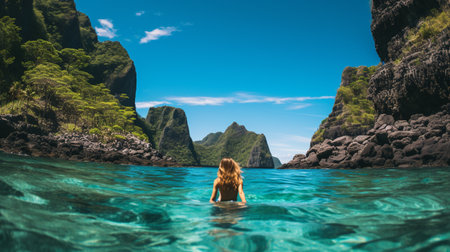 Young woman in bikini swims in turquoise lagoon of Palawan island, Philippinesの素材