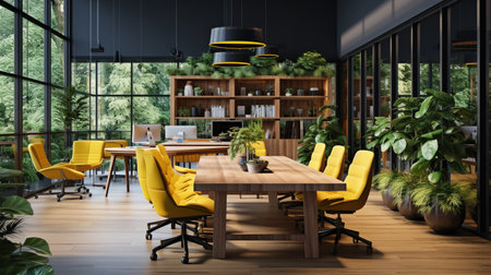 Interior of modern dining room with black walls, wooden floor, yellow armchairs and round wooden table with yellow chairs. 3d renderingの素材