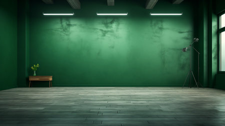3D rendering of an empty room with a green wall and a wooden benchの素材