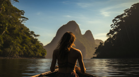 Young woman in a boat at sunset in Halong bay, Vietnamの素材