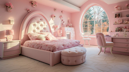 3d render of a pink childrens room with a big bedの素材