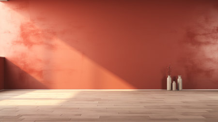 Empty room with red wall and wooden floor - 3D Renderingの素材