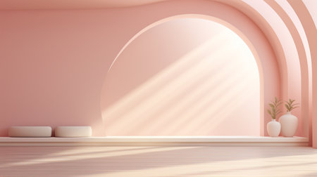 interior design, 3d render, pink room with a round archの素材