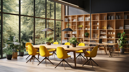Interior of modern meeting room with gray walls, wooden floor, long wooden table with yellow chairs and bookcase. 3d renderingの素材