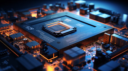 Close-up of electronic circuit board with processor. 3d renderingの素材