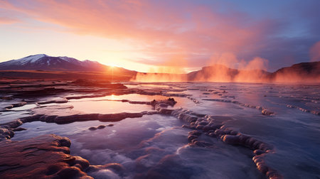 Icelandic landscape with geysers and mountains at sunrise.の素材