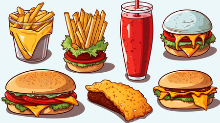 Set of fast food icons with hamburger, french fries and colaの素材