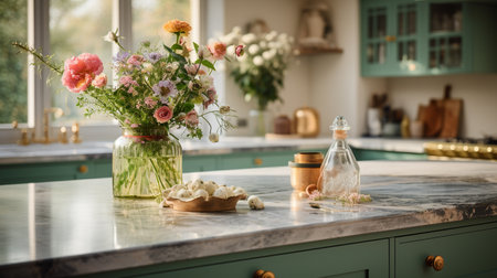 Bouquet of flowers on the countertop in the modern kitchenの素材