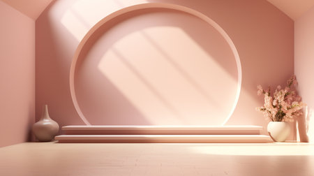 Minimalist interior scene with round podium and vase. 3D renderingの素材