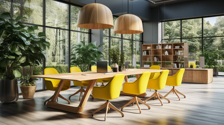 Interior of modern conference room with wooden walls, wooden floor, meeting table with yellow chairs and bookcase. 3d renderingの素材