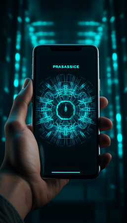 Smartphone screen displaying a cyber security concept. 3D Renderingの素材