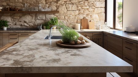 Modern kitchen interior with white marble countertop and stone wall. 3d renderingの素材