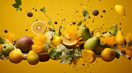 Falling fruits and flowers on a yellow background. Healthy food conceptの素材