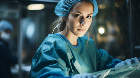 Female surgeon at work in operating room. Group of surgeons at work in operating room.の素材