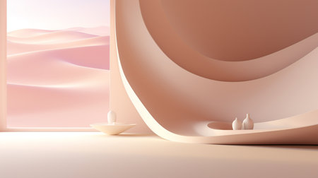 3d rendering of minimalistic interior with podium and sand dunesの素材
