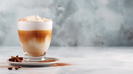 Cappuccino with whipped cream and cinnamon in a glass on a gray backgroundの素材