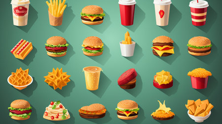 Big set of fast food icons with hamburger, french fries and soda. Vector illustrationの素材