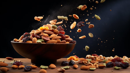 Mix of dried fruits and nuts falling into a bowl on black backgroundの素材
